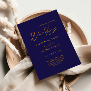 Invitation Simple Mariage Typographie Moderne Bleu Nuit Or