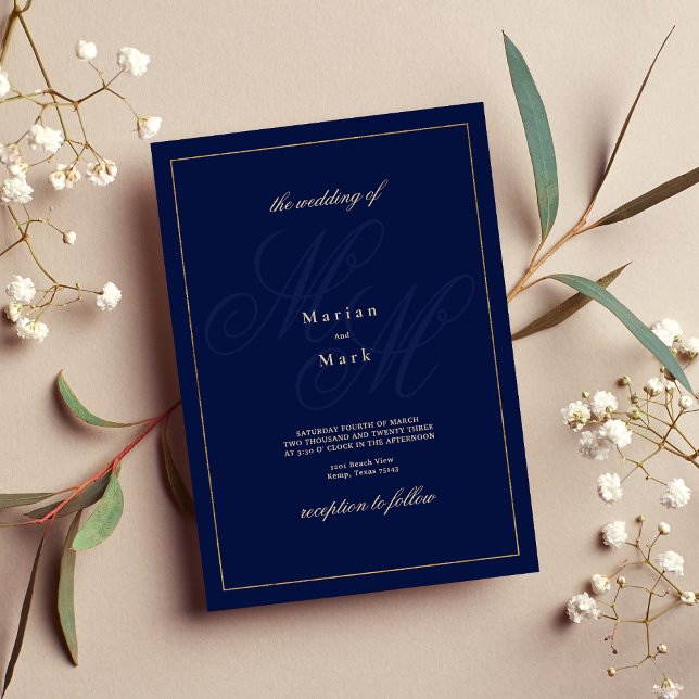 Invitation Simple marine bleu or monogramme initiales Mariage (Simple navy blue gold monogram initials Wedding )