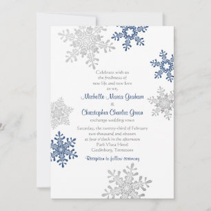 Invitation Simple Marine Blue Silver Snowflake Mariage d'hive