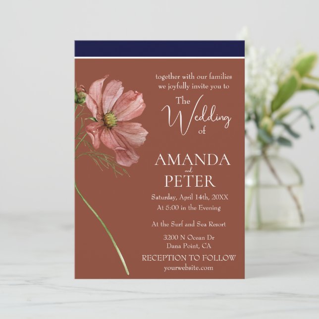 Invitation Simple marine florale et Mariage en terre cuite (Debout devant)