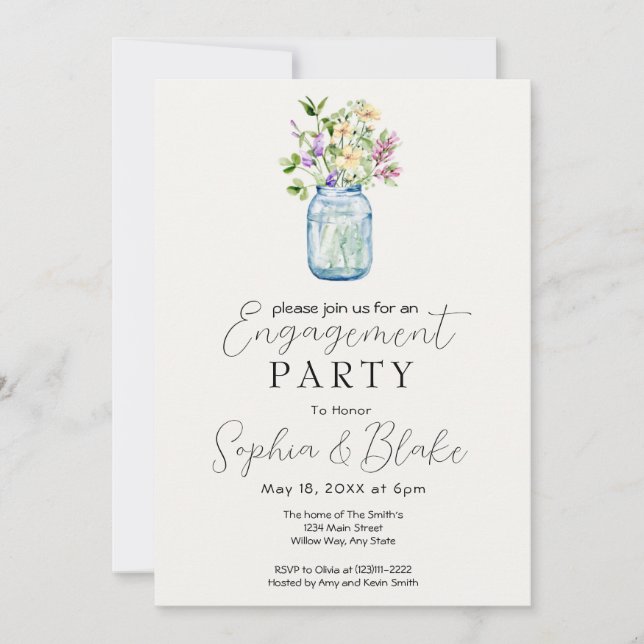 Invitation Simple Mason Jar Bouquet Cream Party (Devant)