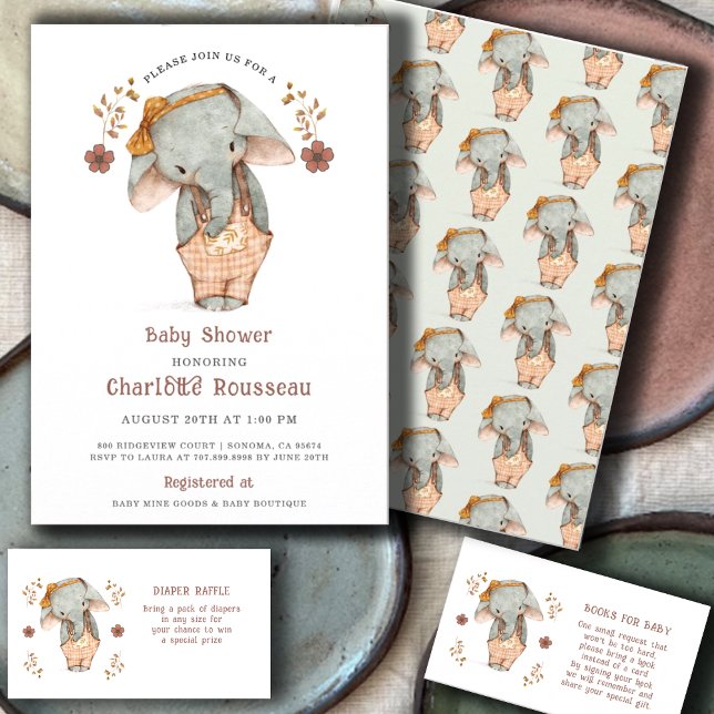 Invitation Simple mignonne Aquarelle Elephant Baby shower fil (Créateur téléchargé)