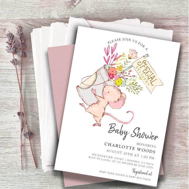 Invitation Simple mignonne Aquarelle Souris Baby shower fille (Créateur téléchargé)