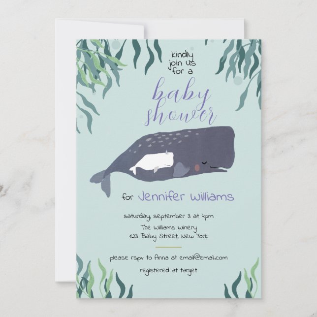 Invitation Simple mignonne baleine de mer Baby shower bleu cl (Devant)