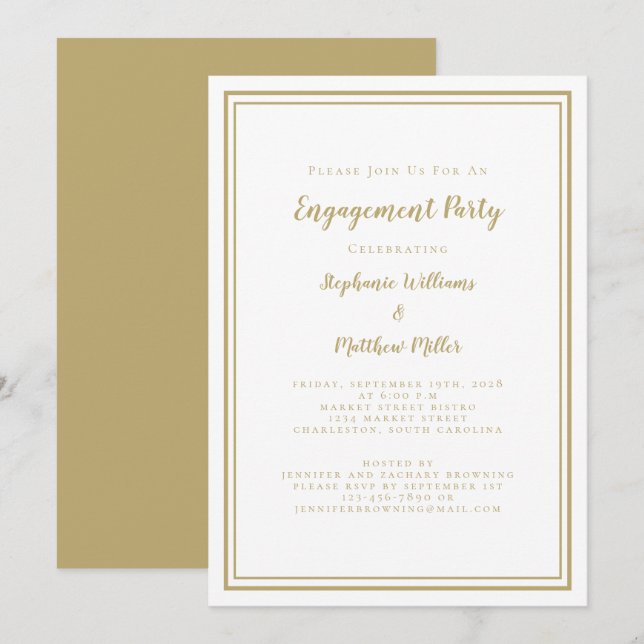 Invitation Simple minimaliste Chic Gold White Engagement Part (Devant / Derrière)