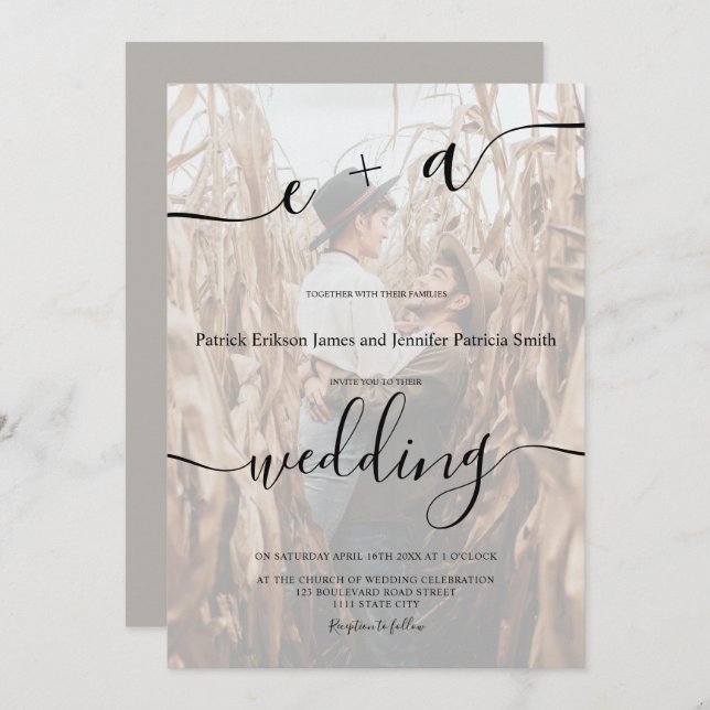 Invitation Simple minimaliste initiales script photo mariage (Devant / Derrière)