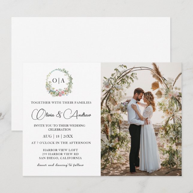 Invitation Simple minimaliste Mariage photo Monogramme (Devant / Derrière)