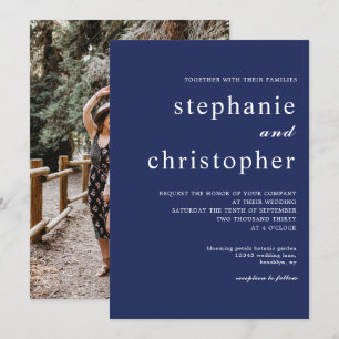 Invitation Simple minimaliste Script Mariage photo bleu marin