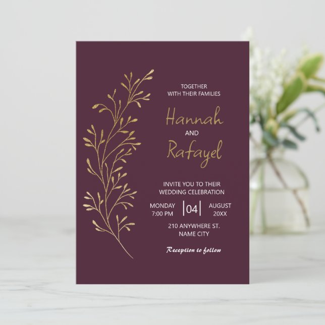 Invitation Simple Modern Gold Leaf Burgundy Wedding (Debout devant)