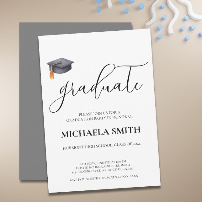 Invitation Simple moderne Black Lycée partie de graduation (Simple Modern Black Cap Graduation Party Invitation)
