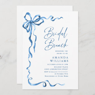 Invitation Simple Moderne Bleu Main Tirée Bow Bridal Brunch