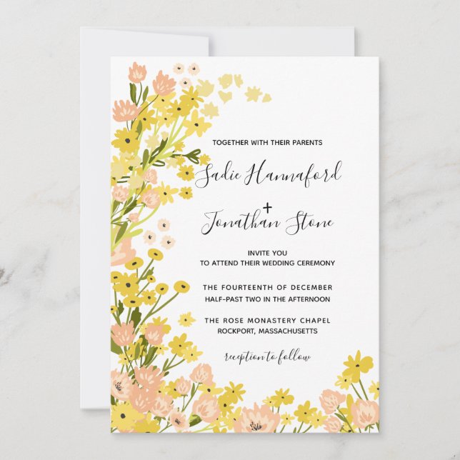 Invitation Simple moderne Boho jaune rose Mariage floral (Devant)
