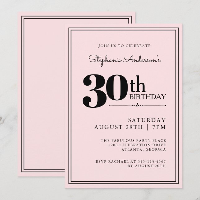 Invitation Simple moderne chic rose et noir 30e anniversaire (Devant / Derrière)