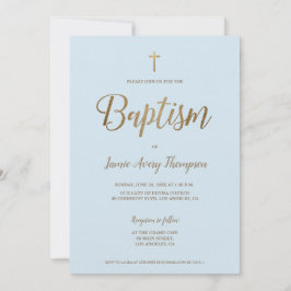 Invitation Simple moderne Croix Bleue Or Baptême