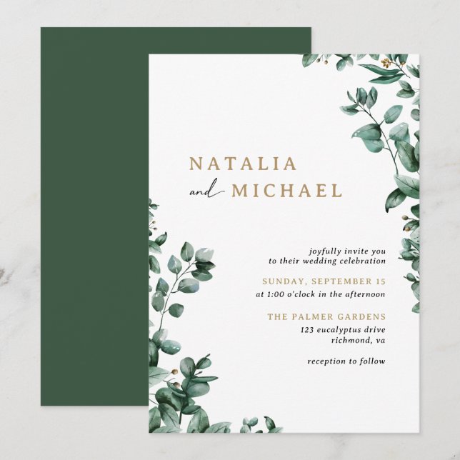 Invitation Simple moderne Eucalyptus verdure | MARIAGE DÉCONT (Devant / Derrière)