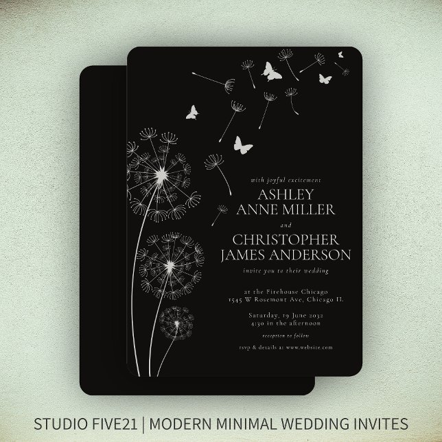 Invitation Simple moderne Fumée Mariage noir Dandelion (Créateur téléchargé)