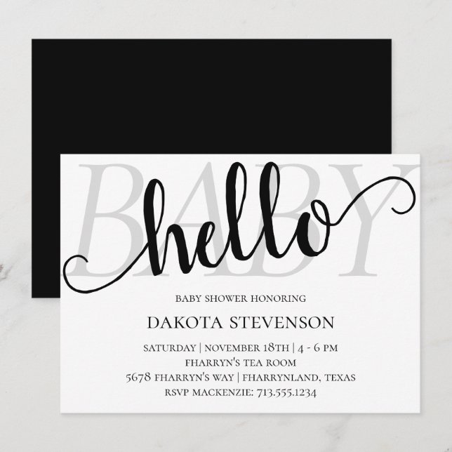 Invitation Simple moderne Hello Baby | Flourish Script Douche (Devant / Derrière)