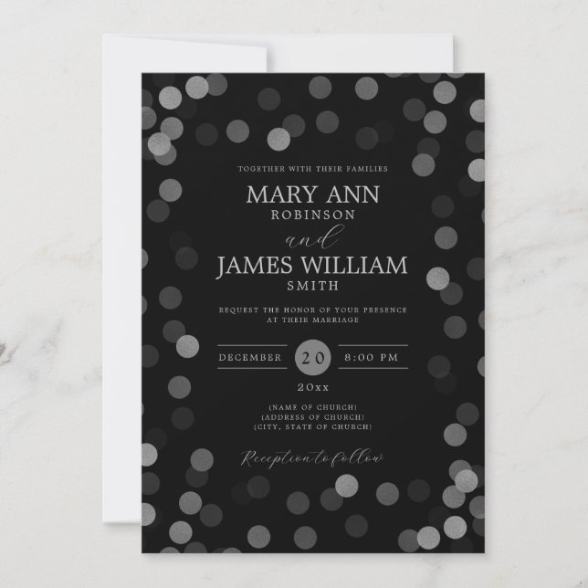 Invitation Simple moderne Mariage Argent Confetti Noir (Devant)