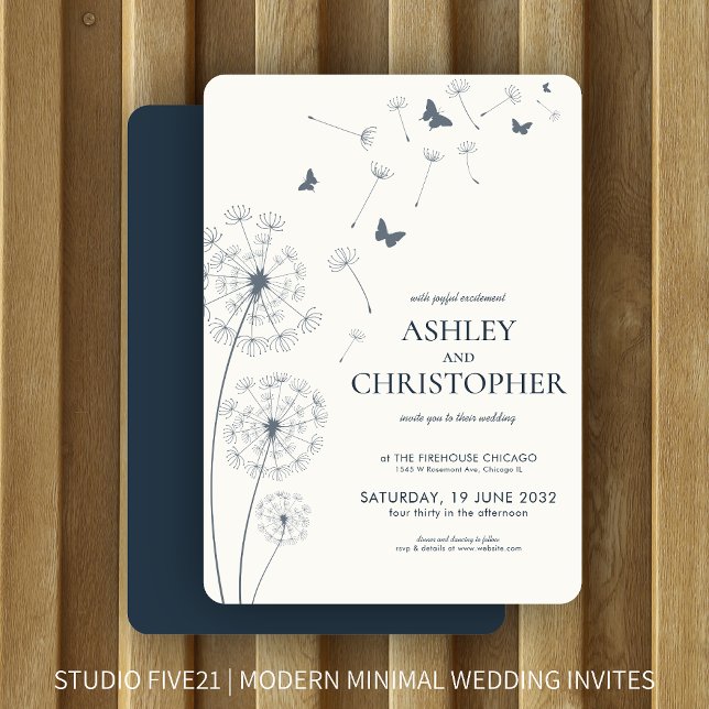 Invitation Simple moderne Mariage bleu Dandelion (Créateur téléchargé)