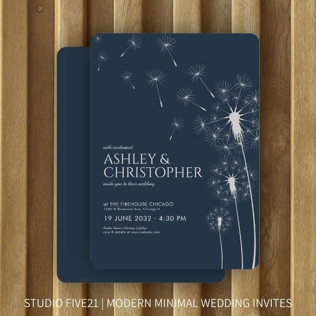 Invitation Simple moderne Mariage bleu Dandelion (Créateur téléchargé)