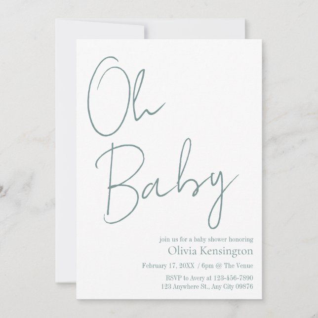 Invitation Simple moderne Oh Baby Sage Baby shower vert (Devant)