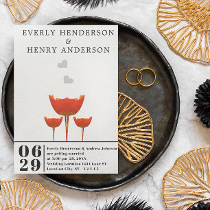 Invitation Simple moderne Orange Poppies & Coeurs Mariage