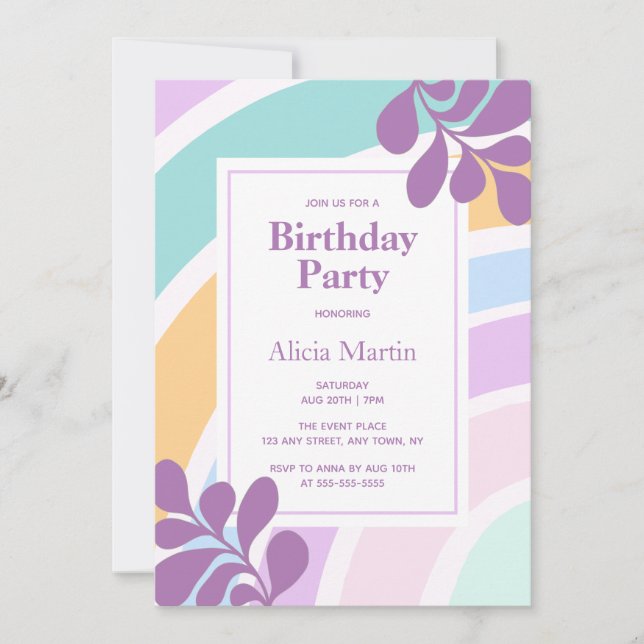 Invitation Simple moderne Pastel Rainbow Leaf fête d'annivers (Devant)