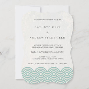Invitation Simple moderne Vagues Vert + Blanc Plage Mariage