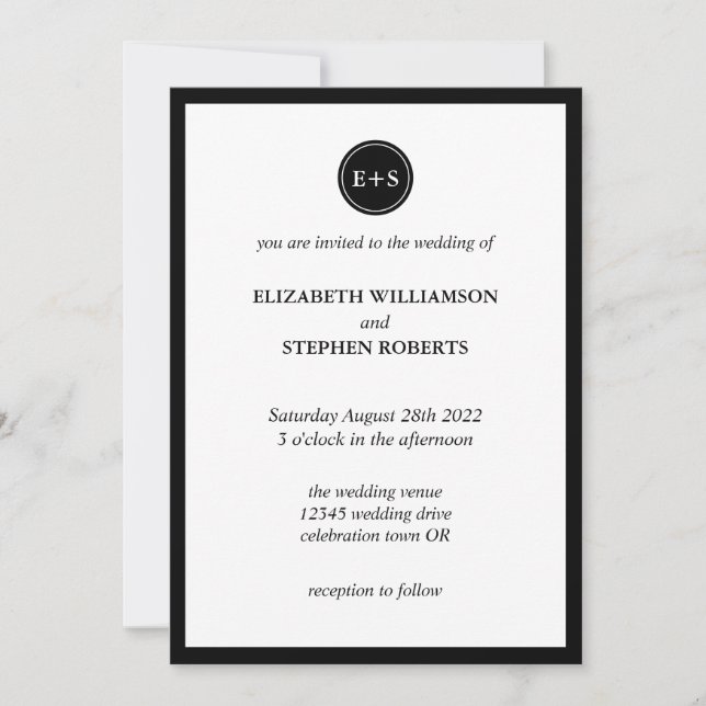 Invitation Simple Monogram | Mariage Noir et Blanc (Devant)