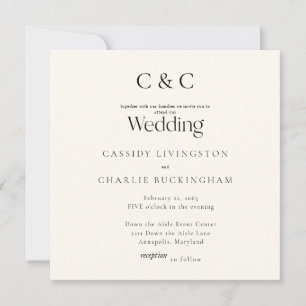 Invitation Simple Monogramme Carré Mariage Crème