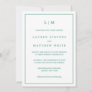 Invitation Simple Monogramme Vert Émeraude Élégant de Mariage