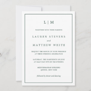 Invitation Simple Monogramme Vert Forêt Mariage Élégant