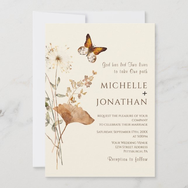 Invitation Simple Nature Fleur sauvage Floral Mariage chrétie (Devant)