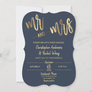 Invitation Simple Navy Gold Script M. et Mme Mariage
