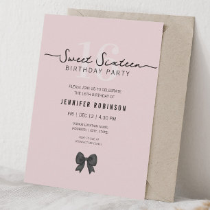 Invitation Simple Nœud Coquette Rose Pâle Sweet 16 Seize