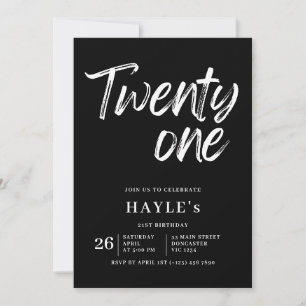 Invitation Simple Noir & Blanc Brush moderne 21e anniversaire