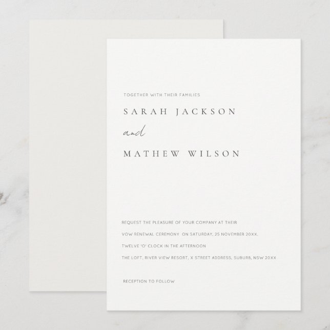 Invitation Simple Noir Blanc Typographie Vow Renouvellement (Devant / Derrière)