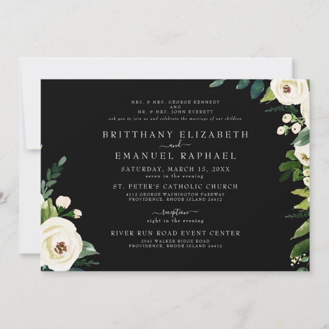 Invitation Simple Noir Les deux parents Blanc Floral Mariage (Devant)