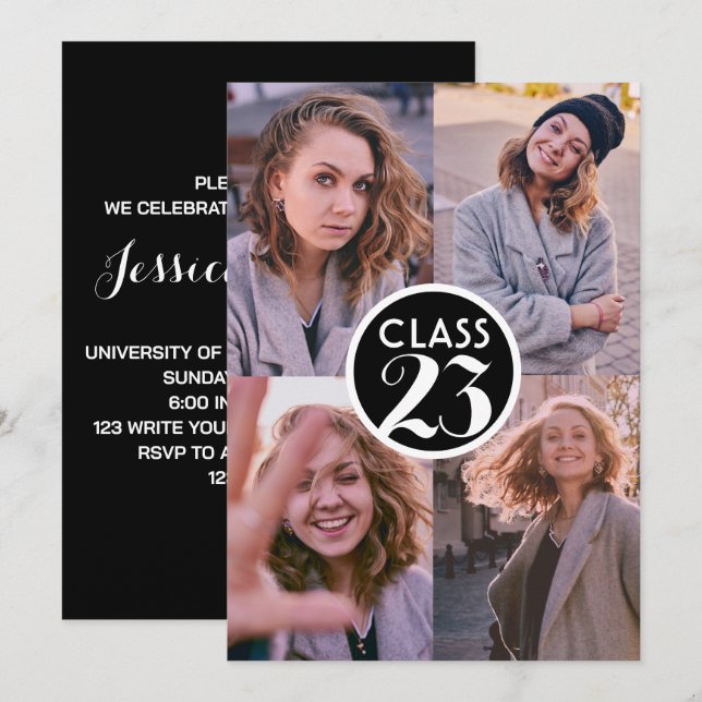 Invitation Simple Noir moderne Minimal Graduation Photo Party (Devant / Derrière)