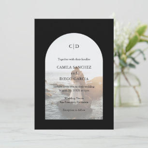 Invitation Simple Noir Monogramme Photo Arche Mariage moderne