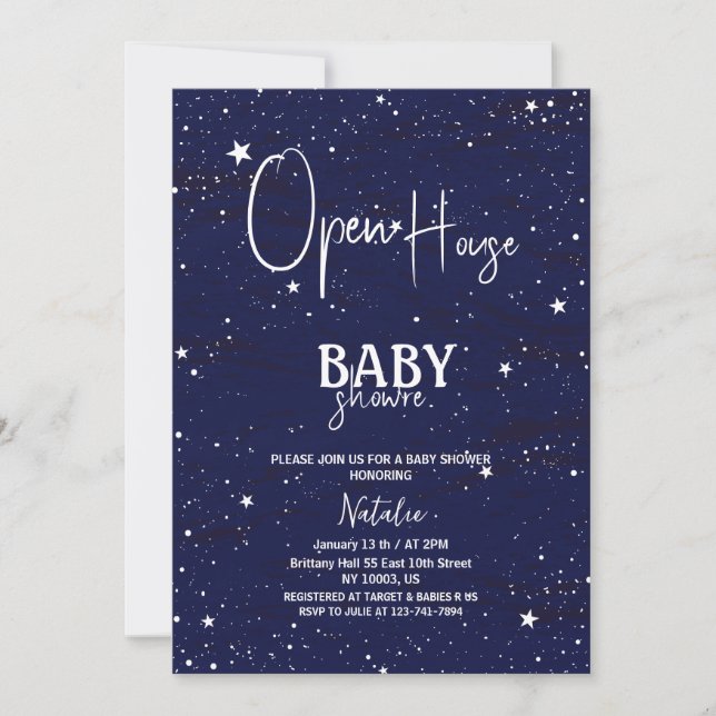 Invitation simple open house marine bleu étoiles baby shower (Devant)