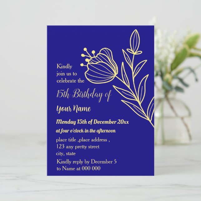Invitation Simple or fleur royal bleu anniversaire (Debout devant)