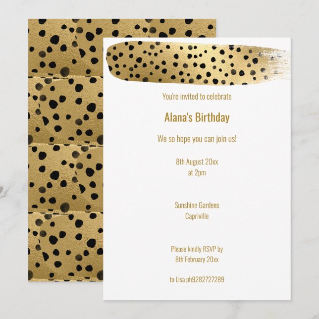 INVITATION SIMPLE OR NOIR LEOPARD ANIMAL BLANC ANNIVERSAIRE (Devant / Derrière)