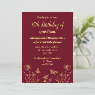 Invitation Simple papillons d'or bordeaux anniversaire
