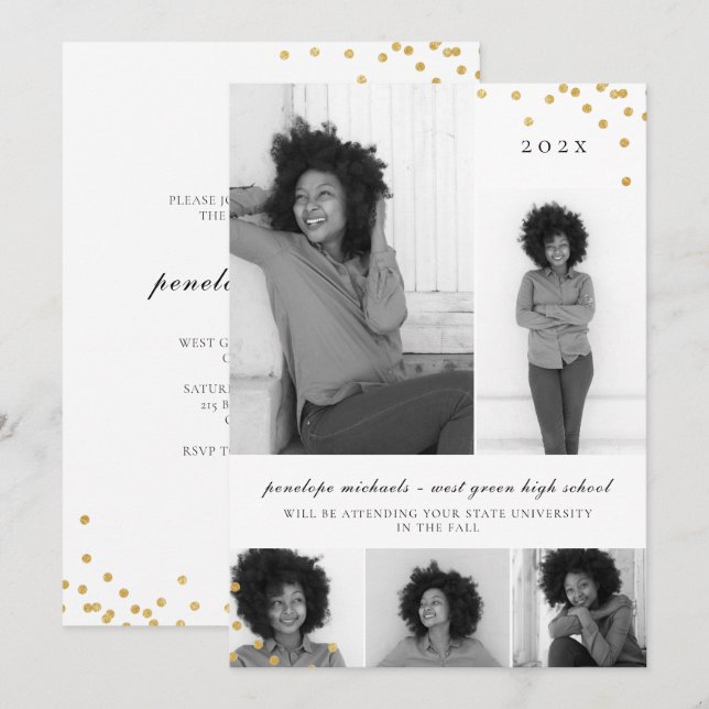 Invitation Simple Photo Collage Faux Gold Graduation Party (Devant / Derrière)
