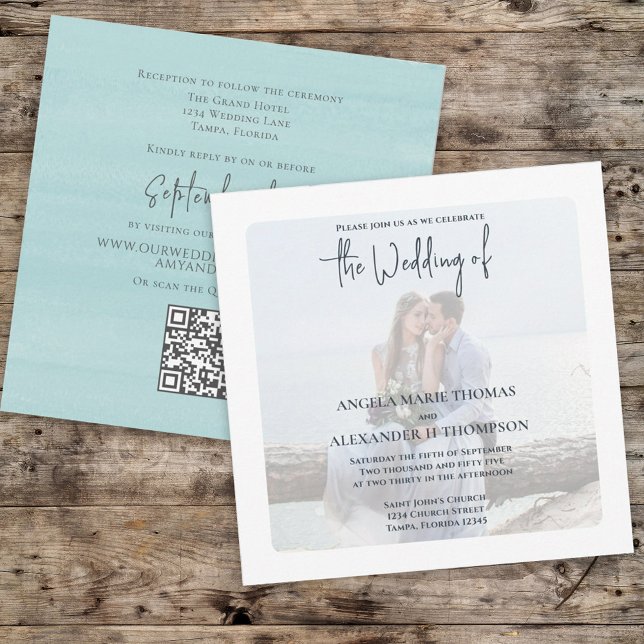 Invitation Simple Photo Elegant Turquoise QR Code RSVP Ocean (Créateur téléchargé)