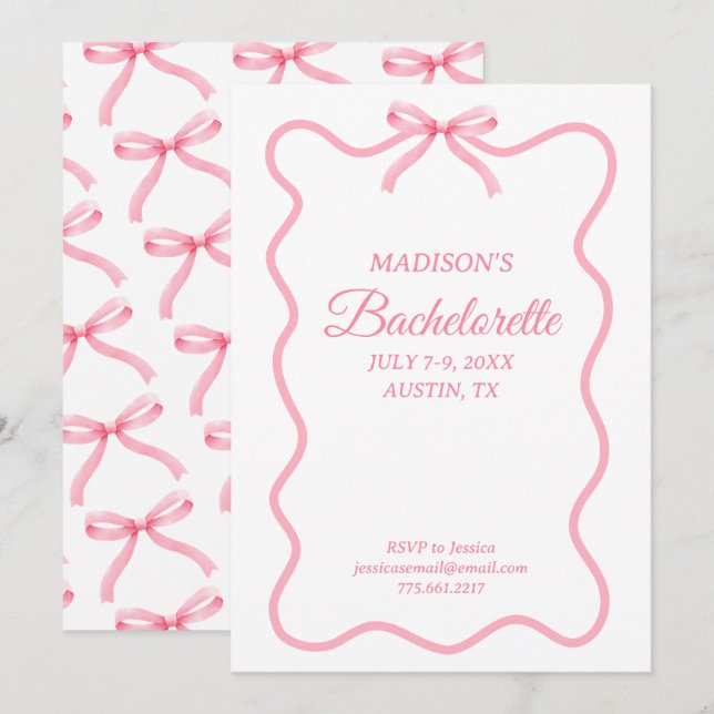 Invitation Simple Pink Bow Girl Bachelorette Party (Devant / Derrière)