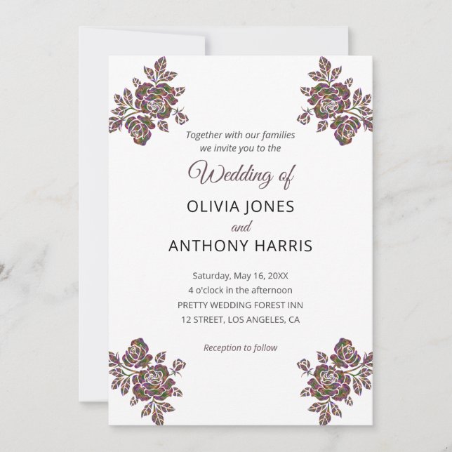 Invitation Simple Purple Roses Elegant Modern Floral Wedding  (Devant)