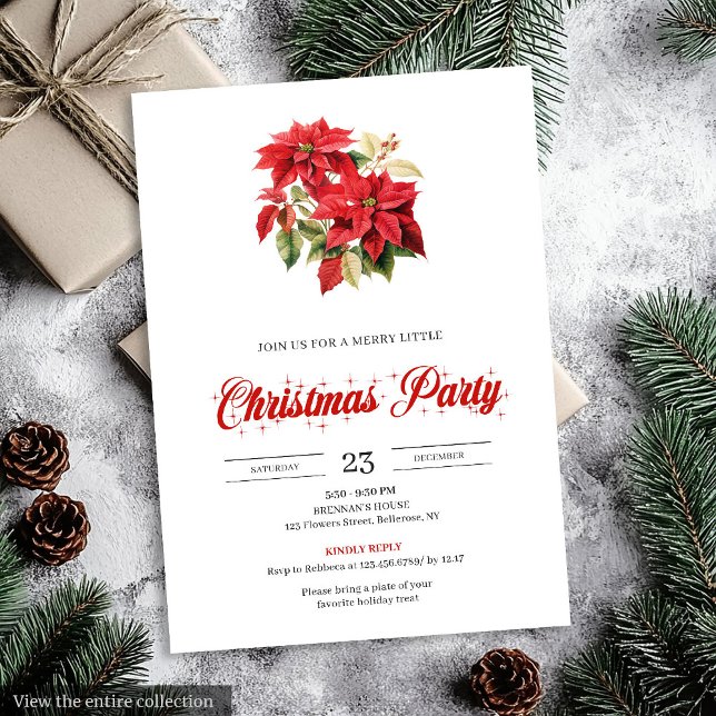 Invitation Simple Red Poinsettia Botanical Holiday Christmas  (Simple Red Poinsettia Botanical Holiday Christmas Invitation)