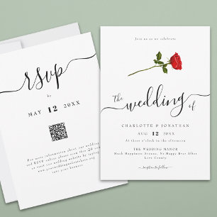 Invitation Simple Red Rose élégant Script Code QR